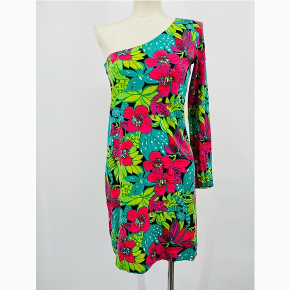 Lilly Pulitzer Whitaker Skip in It dress one shoulder long sleeve floral Size Sm - Picture 3 of 8